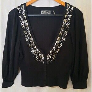 Guess Black Beaded Sequin Cardigan Sweater With 3/4 Sleeve Size Small